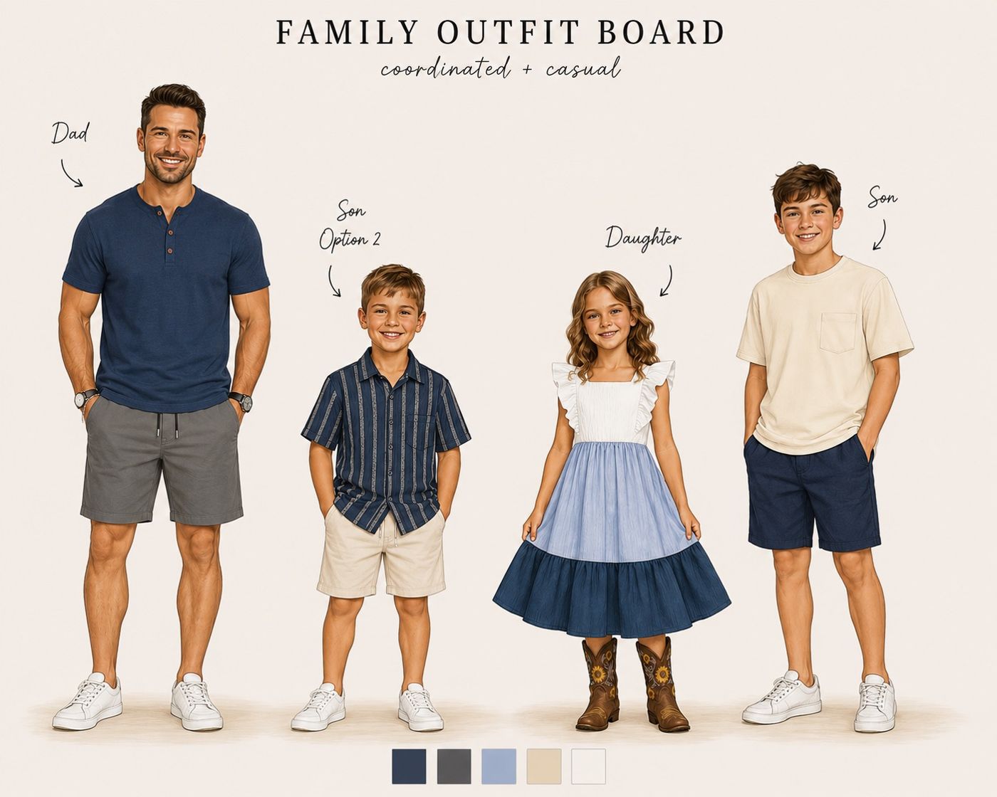 A finished family outfit board: every person styled head to toe in one coordinated look